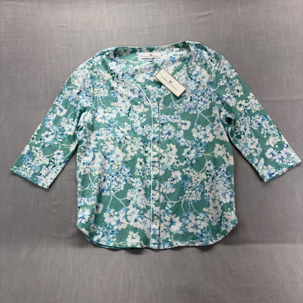 Karen Neuburger Pajama Top Womens Medium Floral Mint Green Button 3/4 Sleeve
